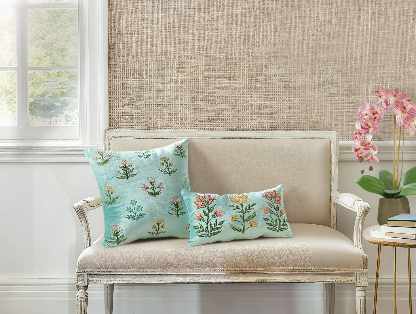 Blue Mughal Square Embroidered Pillow