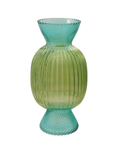 Glass Fluted Candy Shaped Vase, Green & Blue