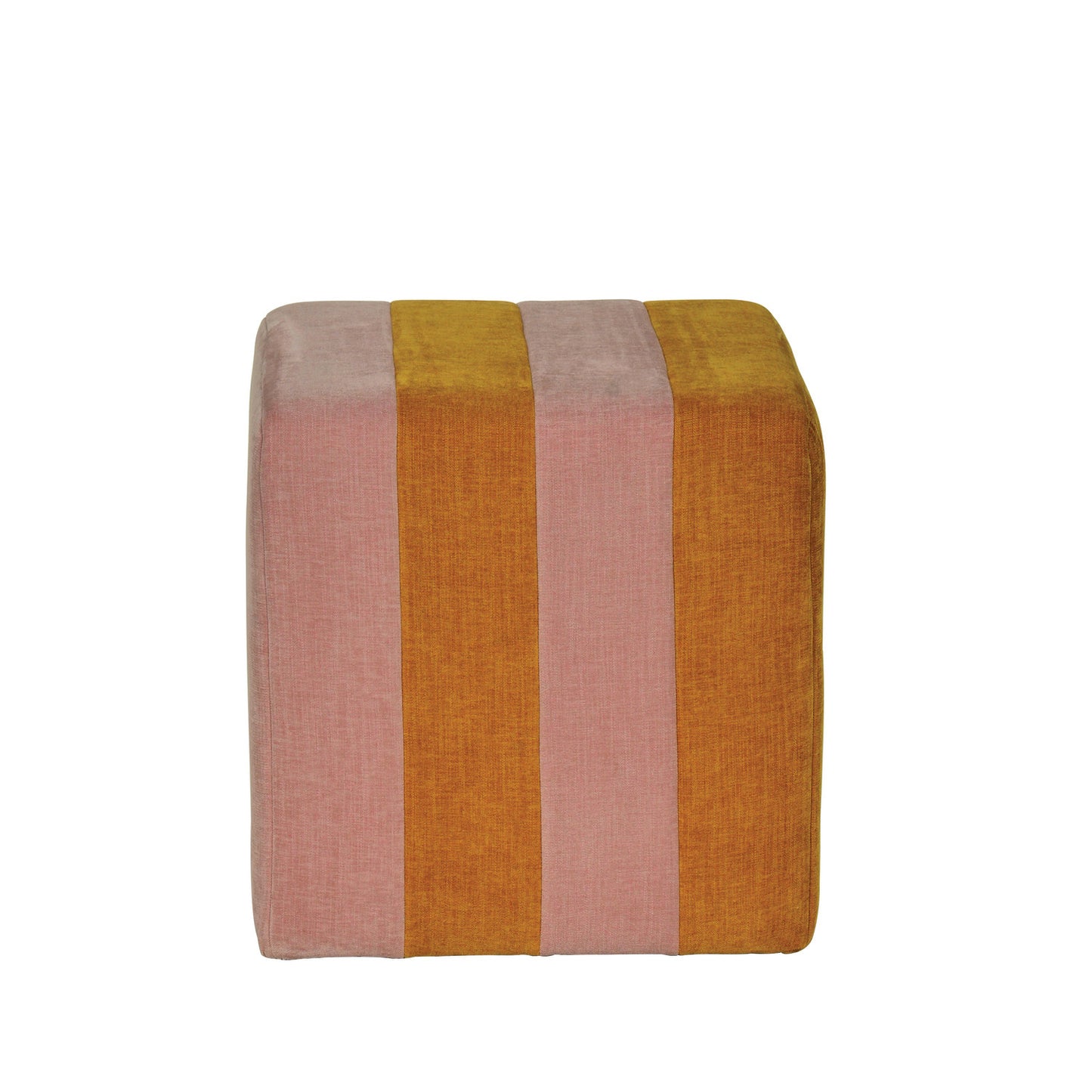 17-3/4" Square x 17-3/4"H Fabric Upholstered Pouf w/ Stripes, Pink & Mustard Color