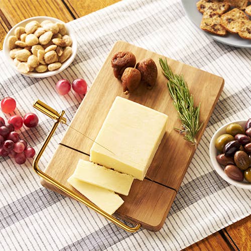 Acacia Cheese Slicing Board w/ Gold-Handled Wire Slicer