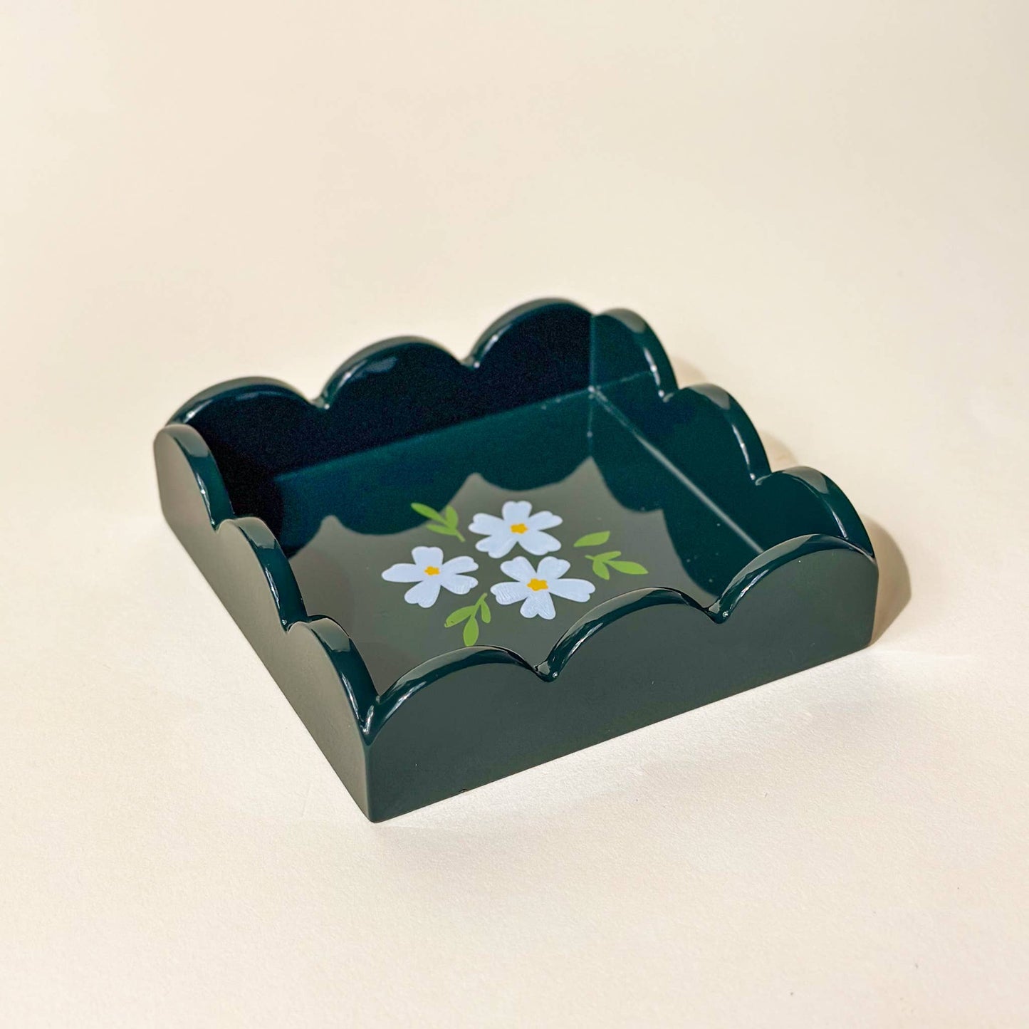 Scallop Trinket Tray- Floral Dark Green