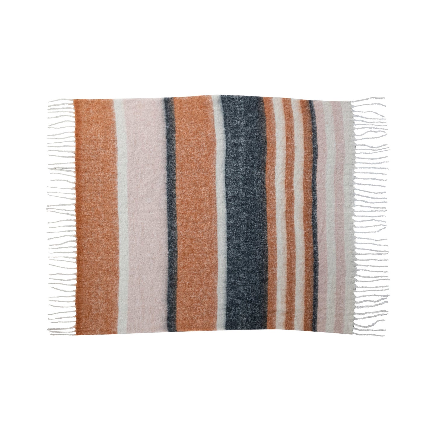 Wool Throw with Stripes & Fringe