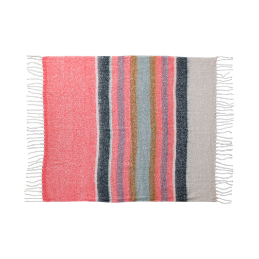 Wool Throw with Stripes & Fringe