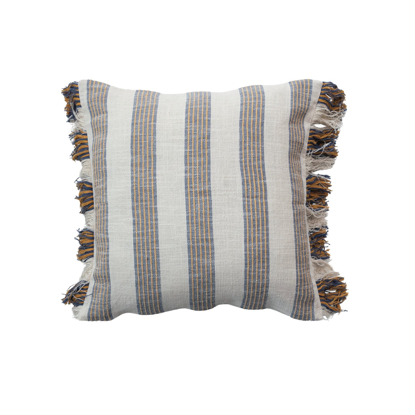 20" Square Woven Cotton Pillow w/ Stripes & Fringe