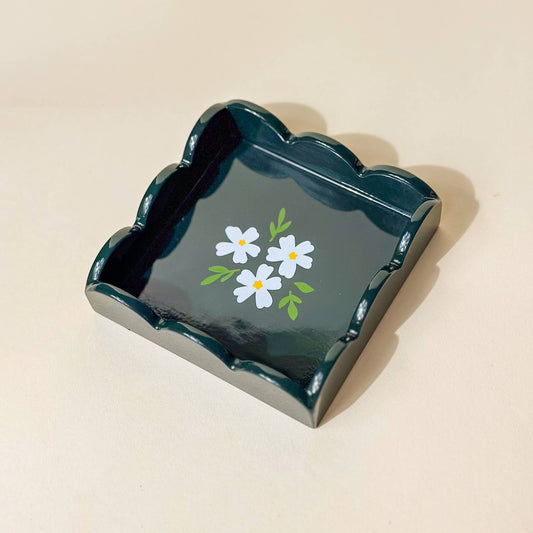 Scallop Trinket Tray- Floral Dark Green