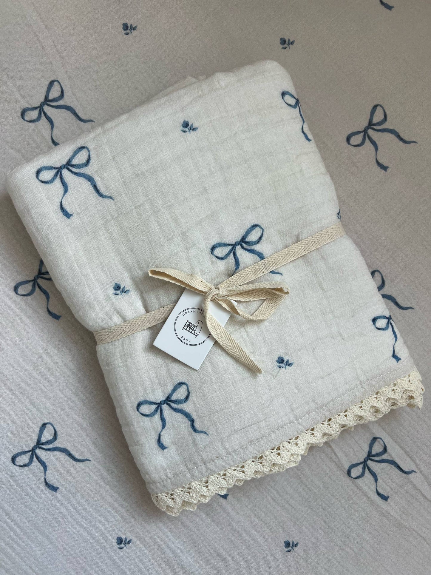 Blue Bows Cotton Gauze Crib Sheet