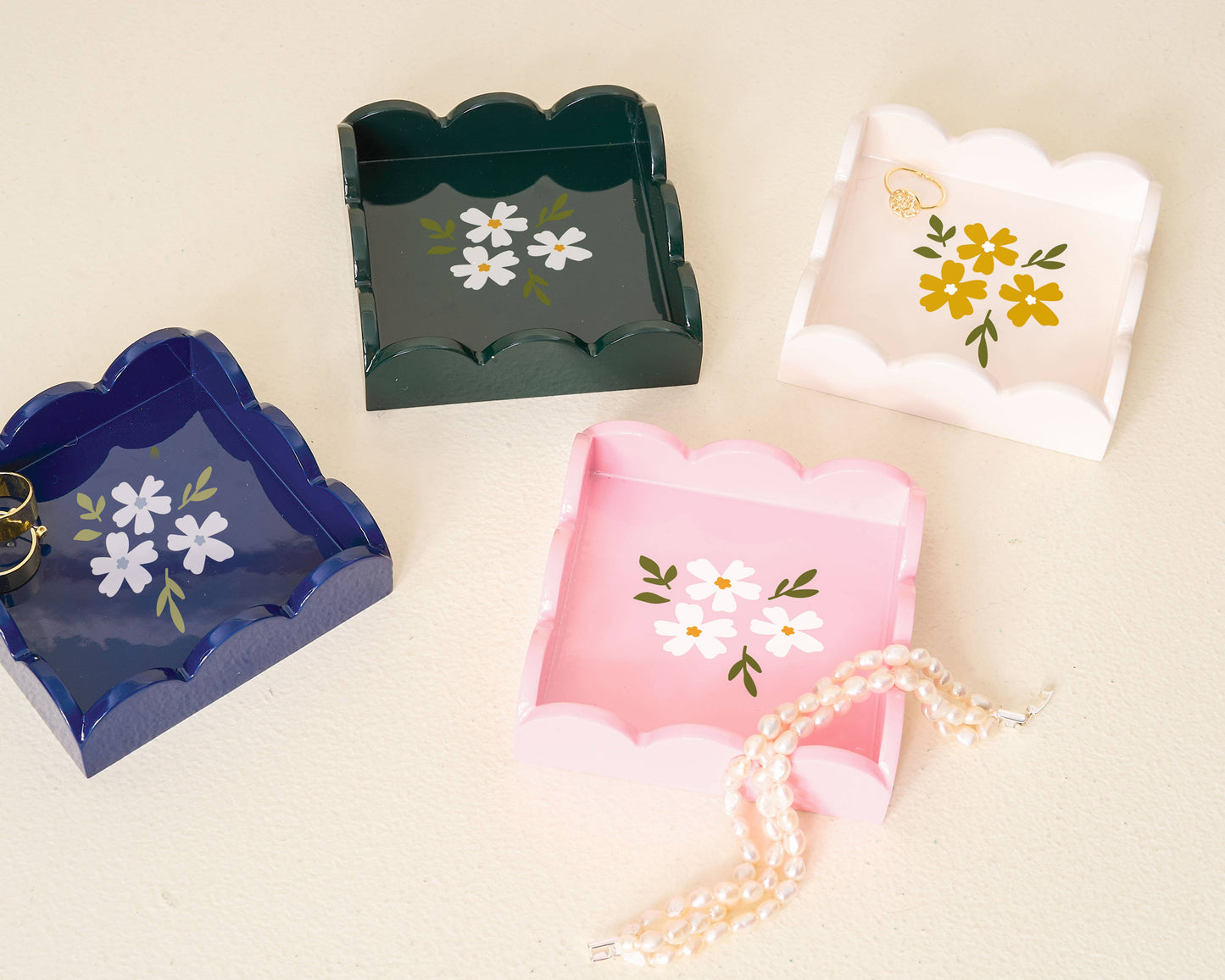 Scallop Trinket Tray- Floral Dark Green