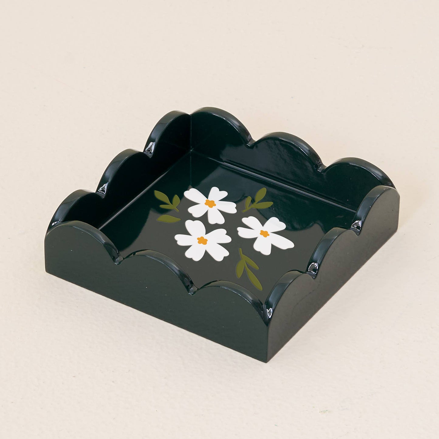 Scallop Trinket Tray- Floral Dark Green