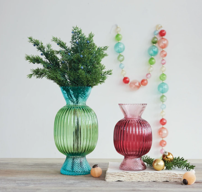 Glass Fluted Candy Shaped Vase, Green & Blue