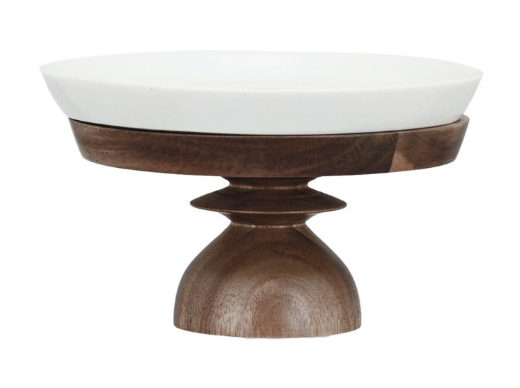 Stoneware Serving Dishes w/ Acacia Wood Pedestals