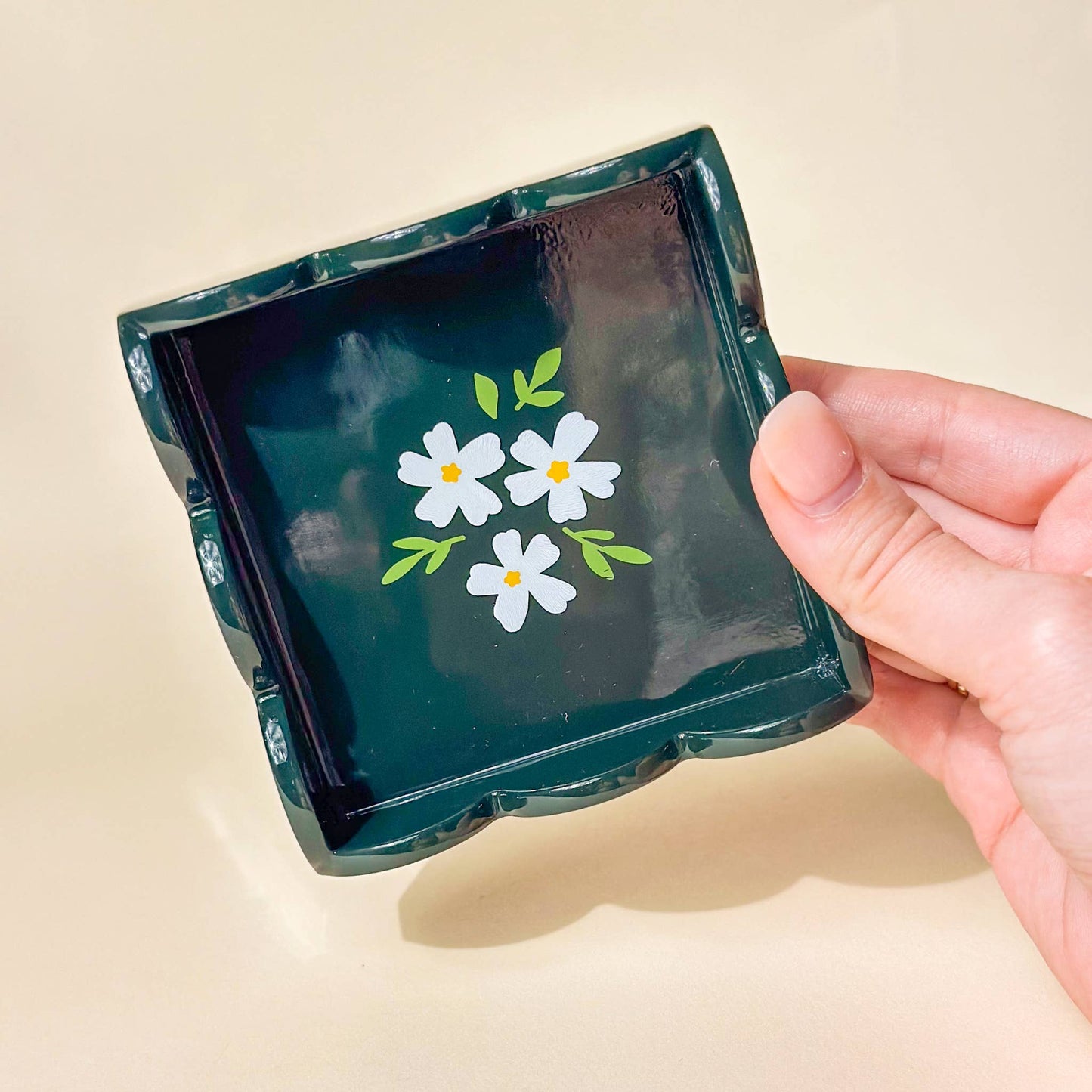 Scallop Trinket Tray- Floral Dark Green