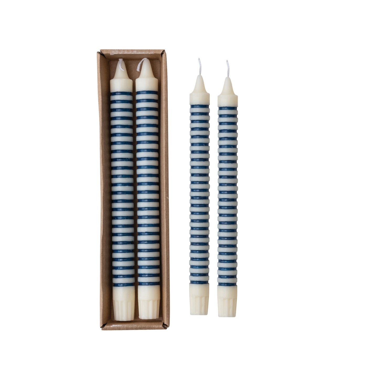 Unscented Striped Taper Candles in Box, Blue, Set of 2 (Est. Burn Time 6 Hours)