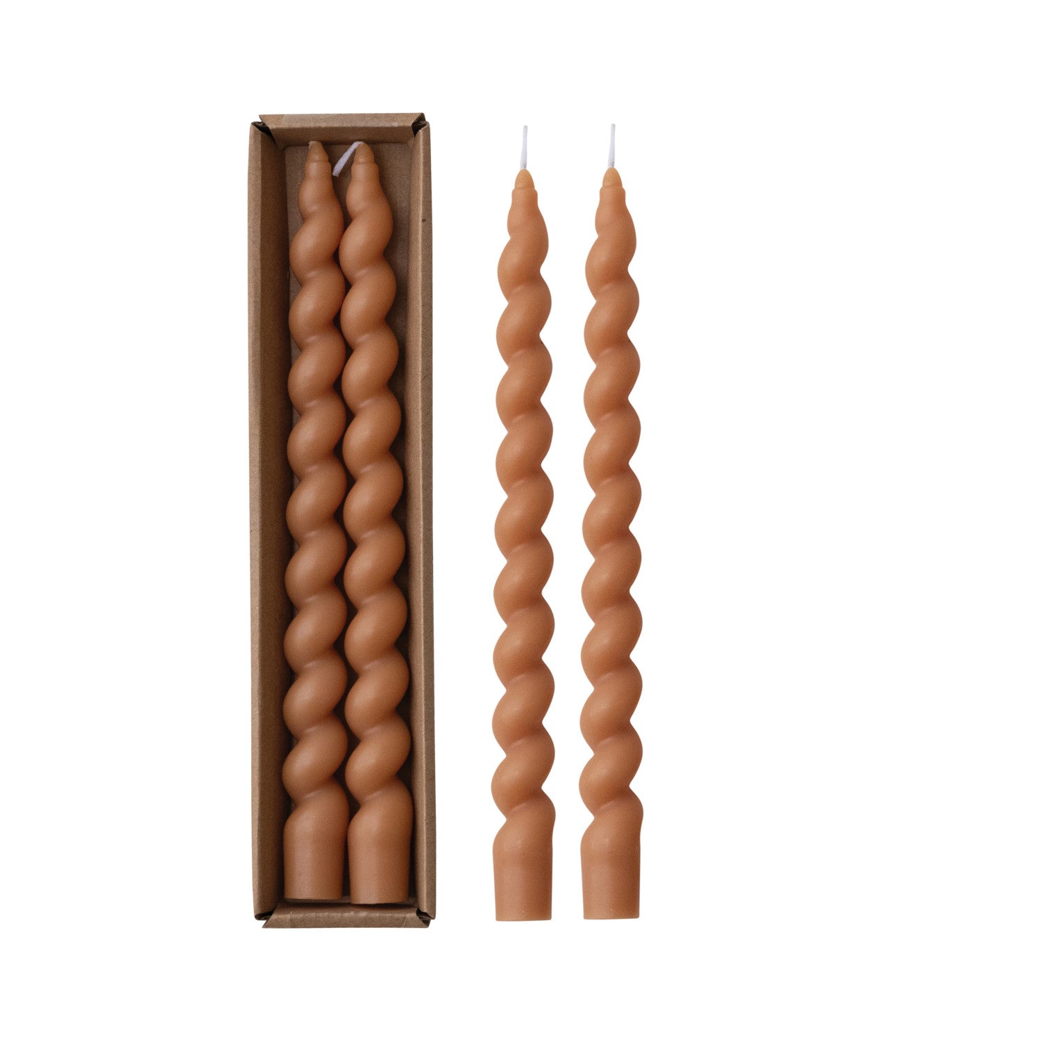Unscented Twisted Taper Candles in Box, Tan Color, Set of 2 (Est. Burn Time 5 Hours)