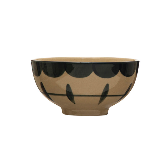 Hand-Painted Stoneware Bowl w/ Pattern, Midnight Blue & Cream Color