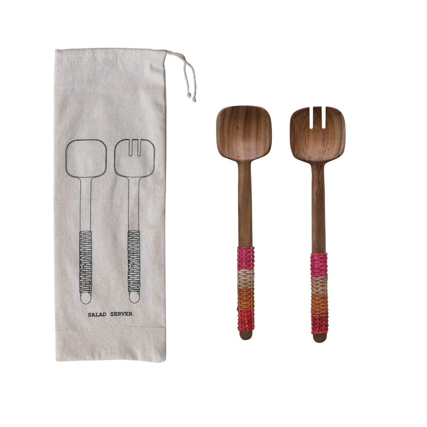 Salad Servers w/ Rattan Wrapped Handles, Set of 2 in Printed Drawstring Bag