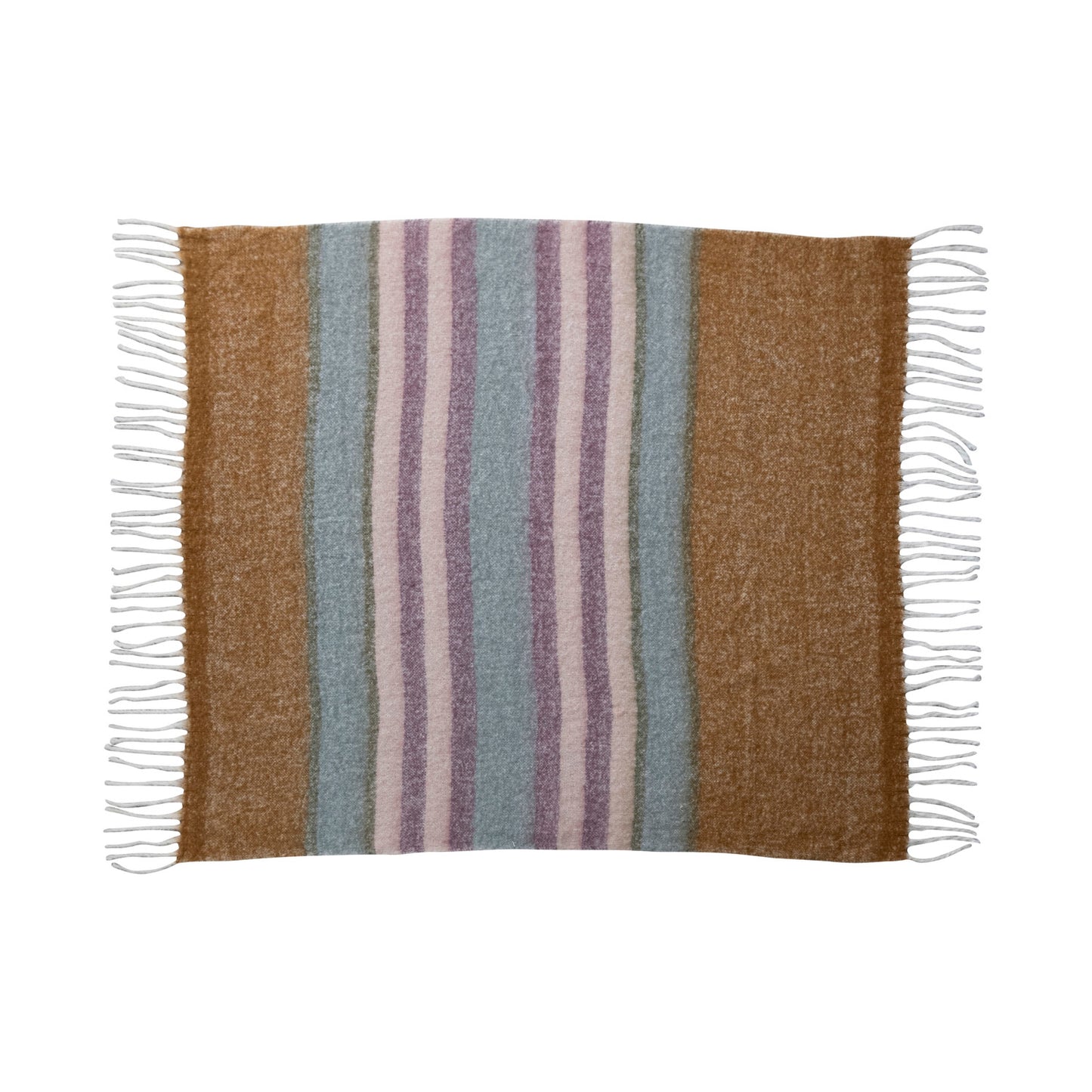 Wool Throw with Stripes & Fringe