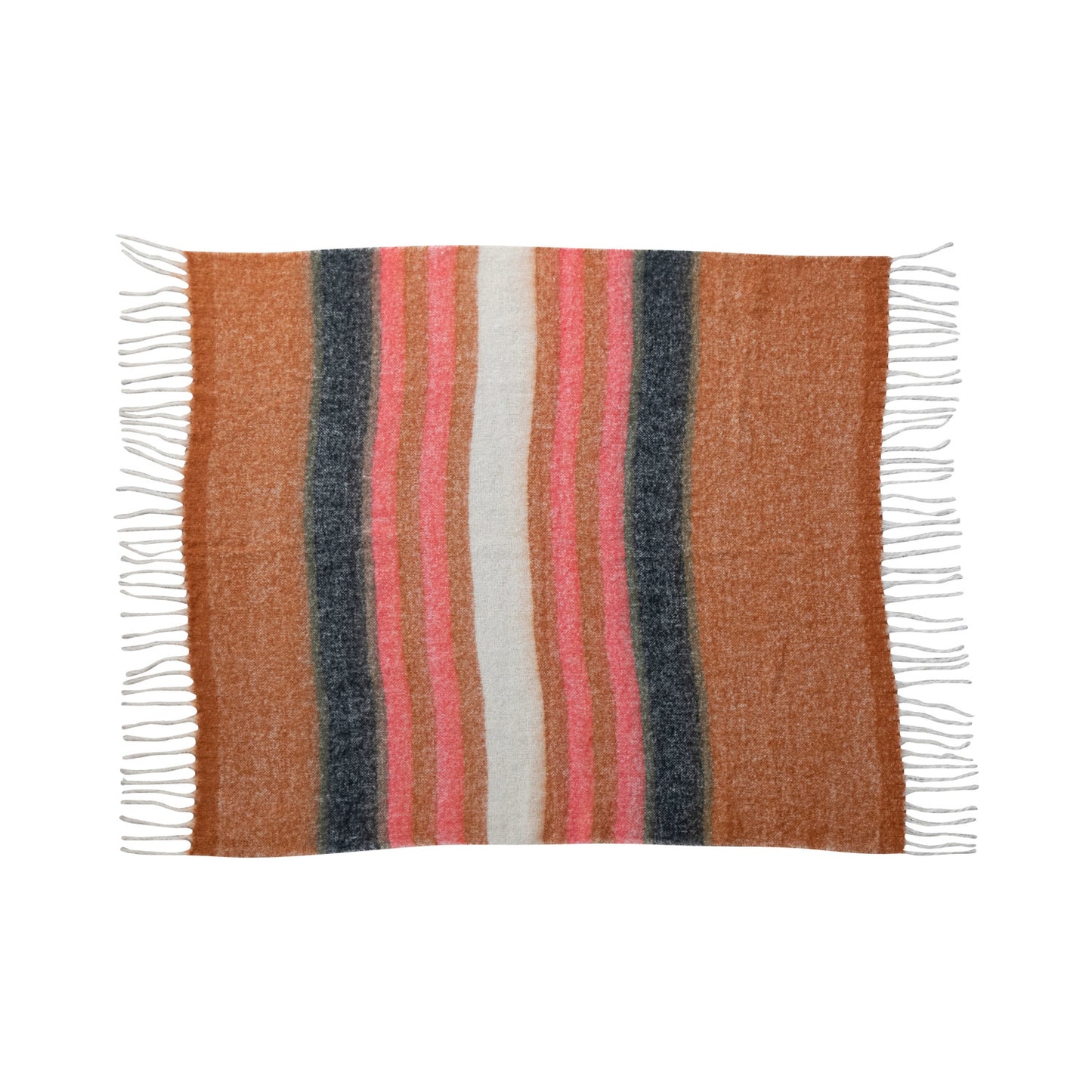 Wool Throw with Stripes & Fringe