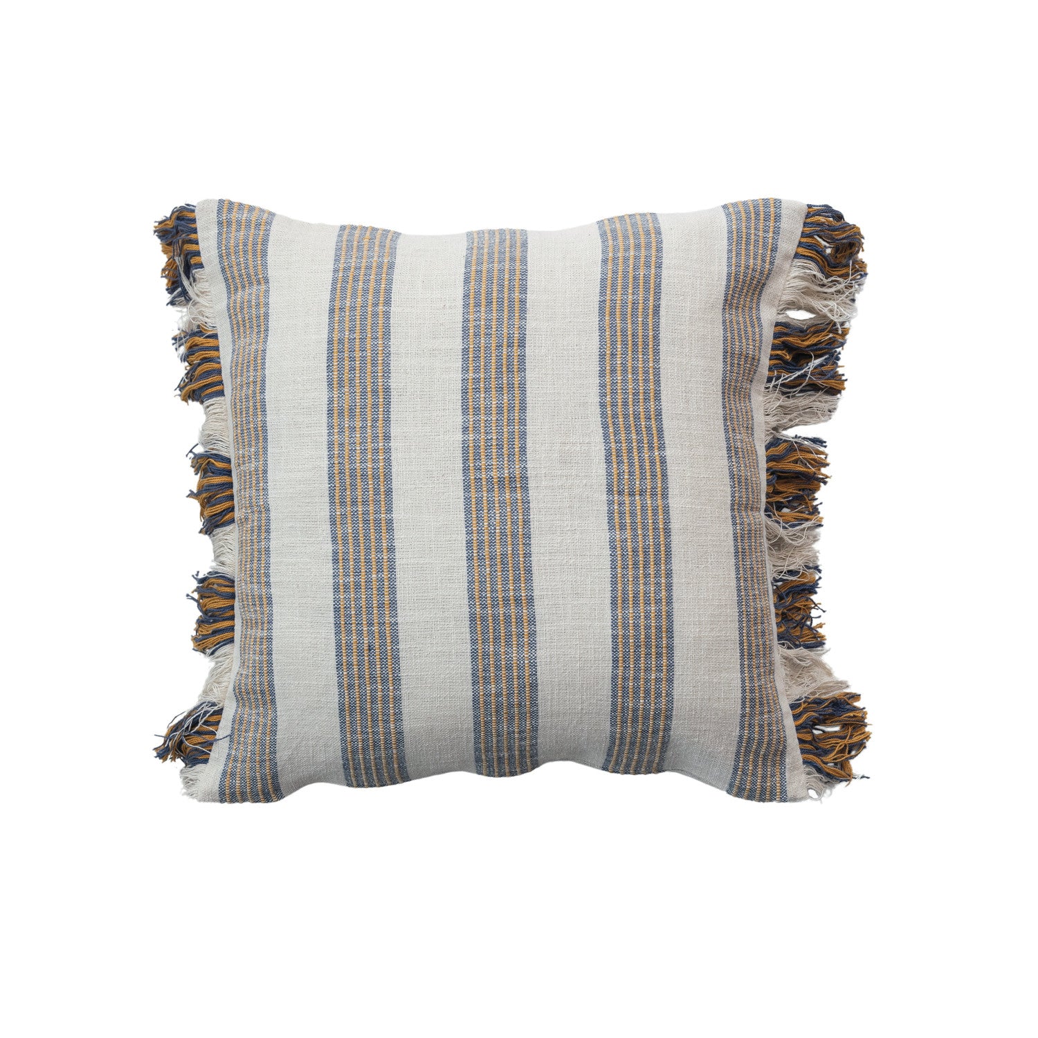 20" Square Woven Cotton Pillow w/ Stripes & Fringe