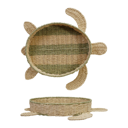 Woven Paper Rope Turtle Shaped Basket with Stripes, Natural & Green