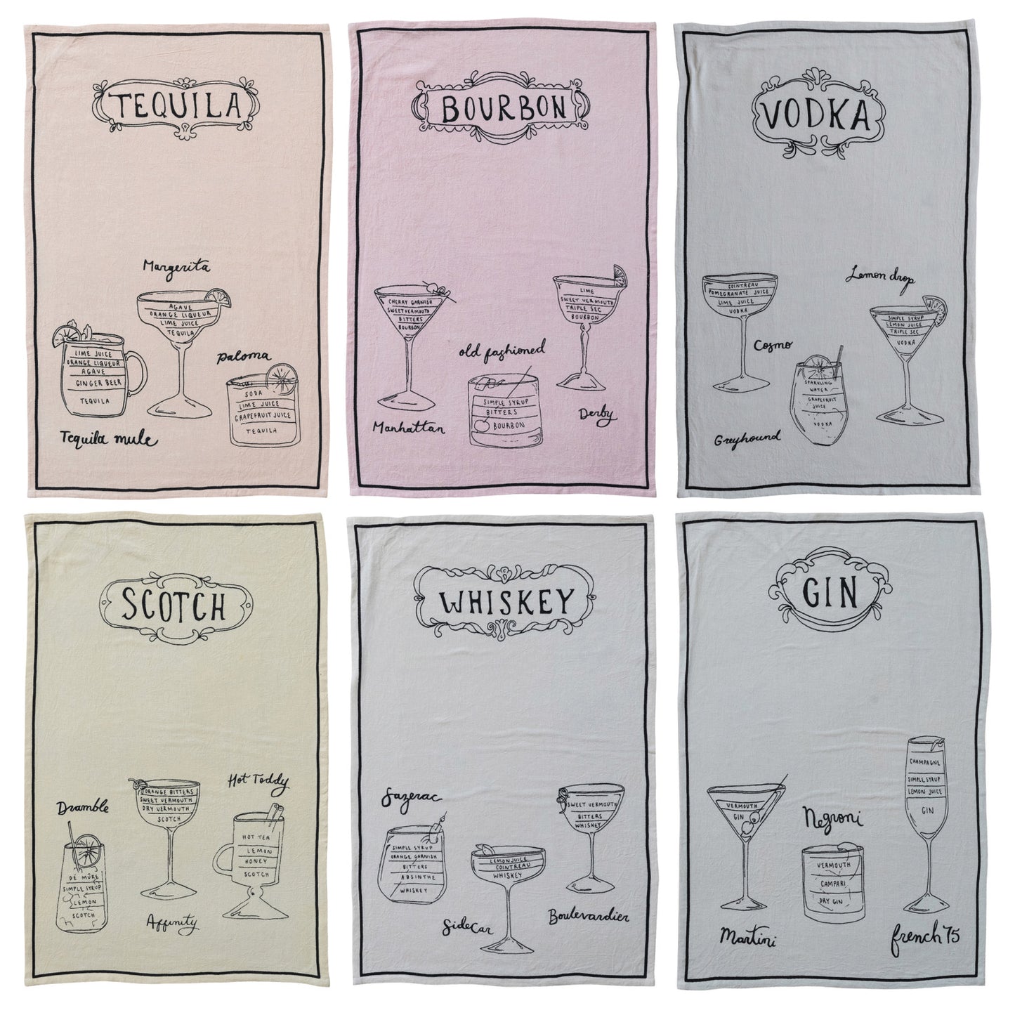 Linen Blend Tea Towel with Cocktail Recipes & Art, 6 Styles