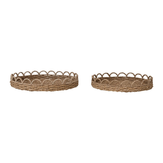 Decorative Woven Seagrass Scalloped Trays, Natural, Set of 2
