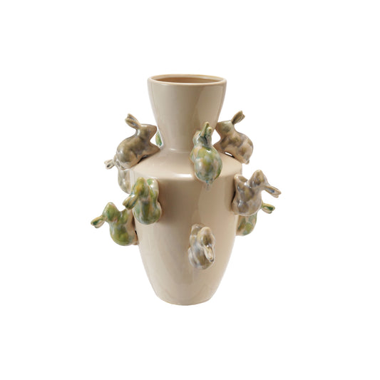 Stoneware Vase w/ 3D Rabbits, Reactive Glaze (Each One Will Vary)