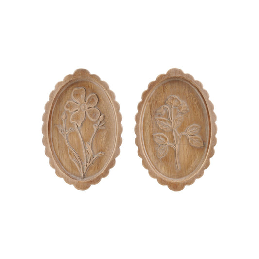 Wood Scalloped Wall Décor w/ Laser Etched Botanicals, Natural, 2 Styles