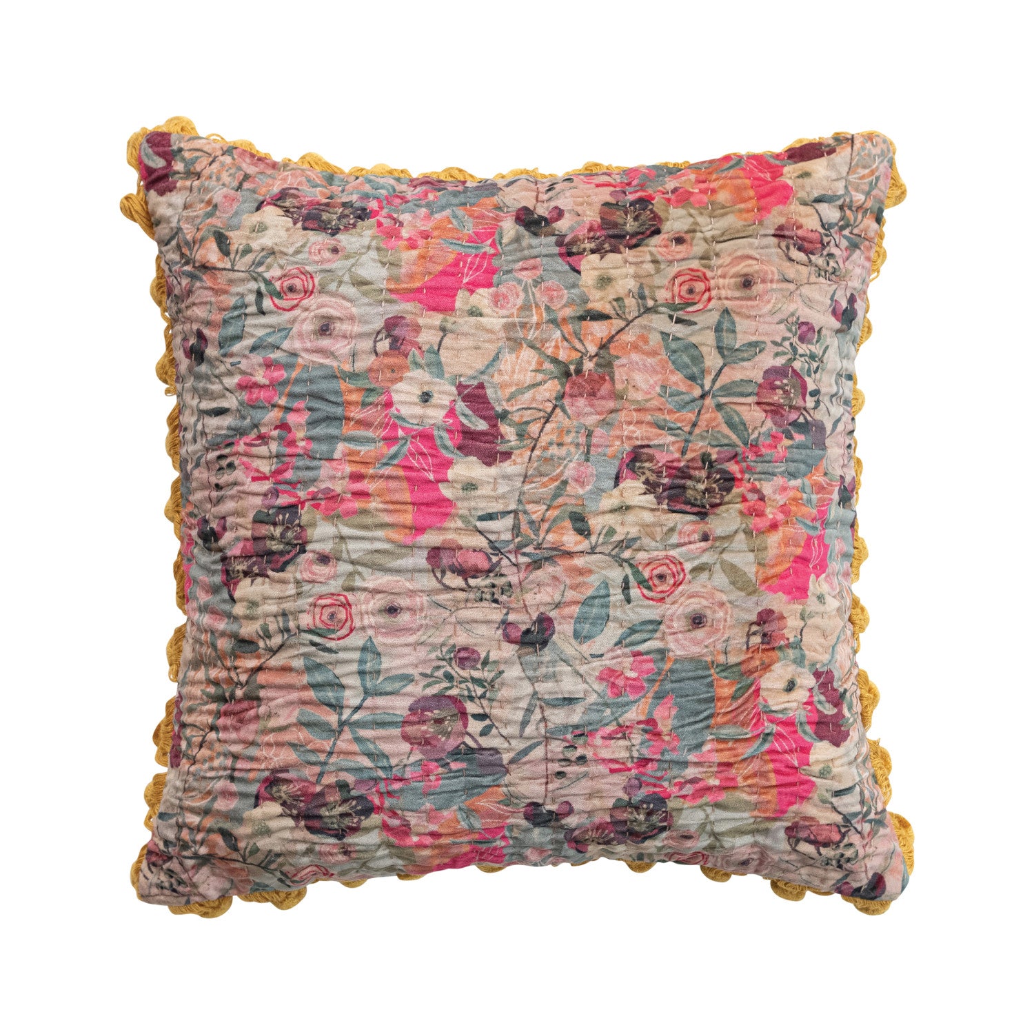 Velvet Printed Pillow w/ Hand-Embroidered Kantha Stitch, Pom Poms & Chambray Back
