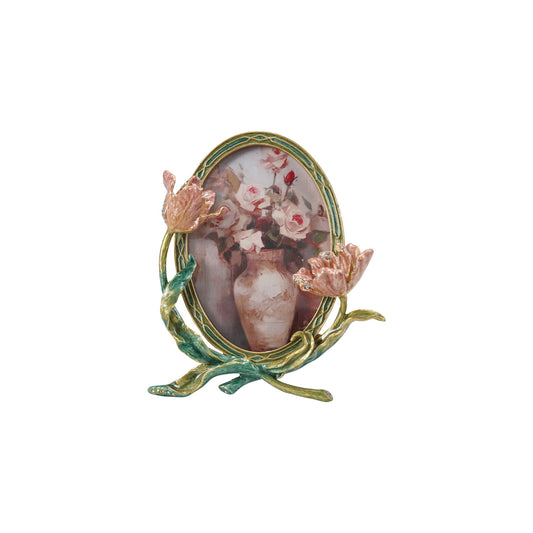 Enameled Metal Photo Frame w/ 3D Flowers & Jewels (Holds 3-1/2"W x 5"H Photo)