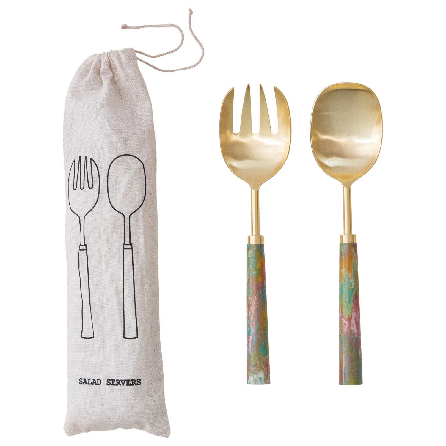 Salad Servers w/ Marbled Resin Handles, Set of 2 in Drawstring Bag (Each One Will Vary)