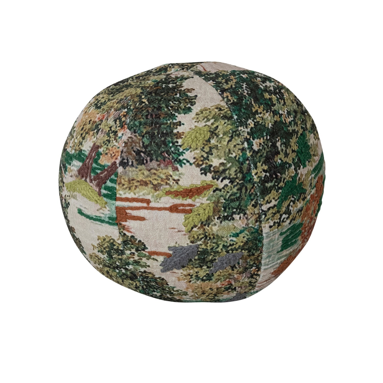 10" Round Fabric Orb Pillow with Landscape & Embroidery