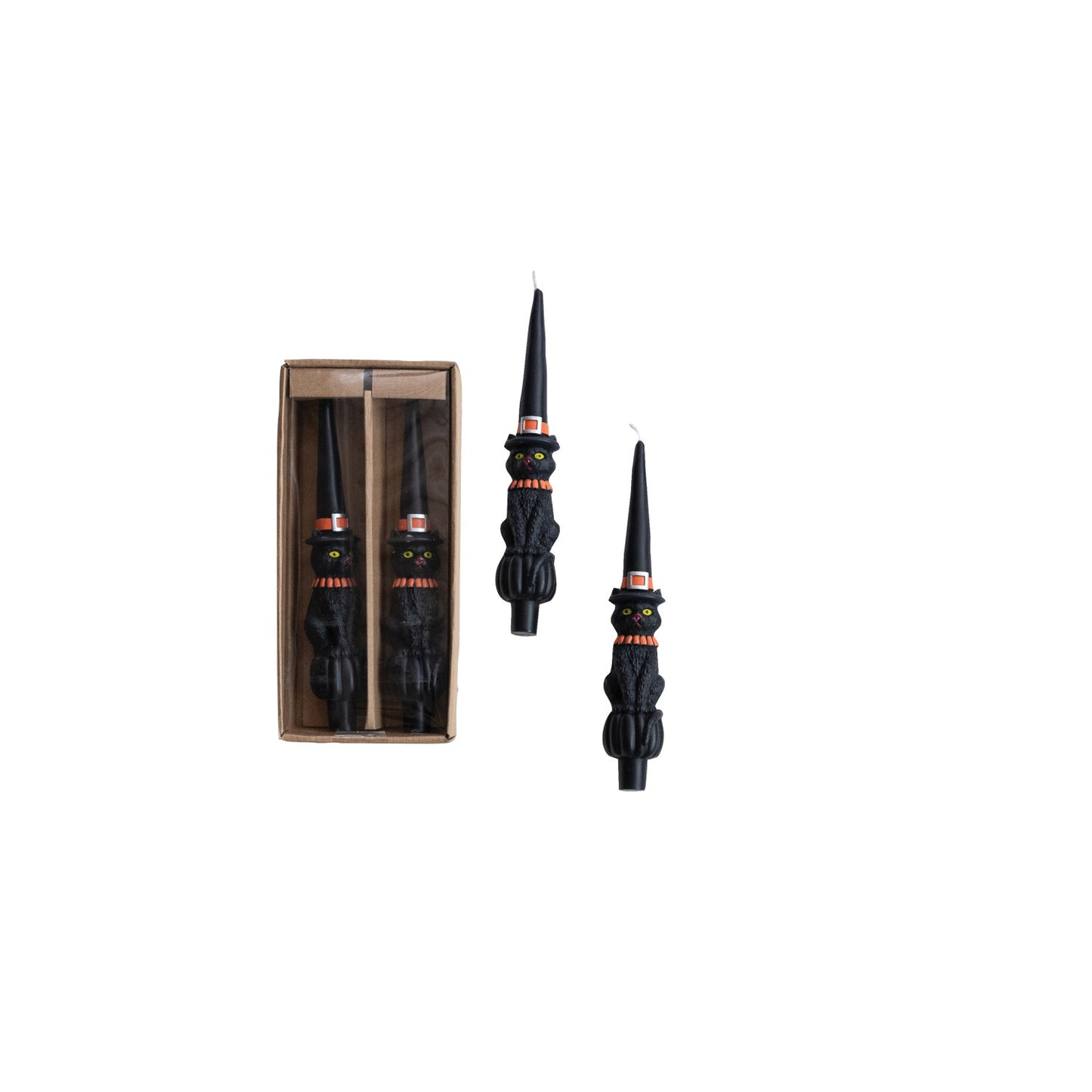 Unscented Cat with Witch Hat Shaped Taper Candles in Box, Set of 2