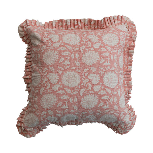 20" Square Pillow with Hand-Embroidered Kantha Stitch & Ruffled Edge